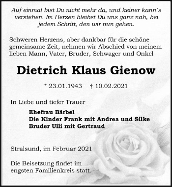 Traueranzeige von Dietrich Klaus Gienow von Ostsee-Zeitung GmbH