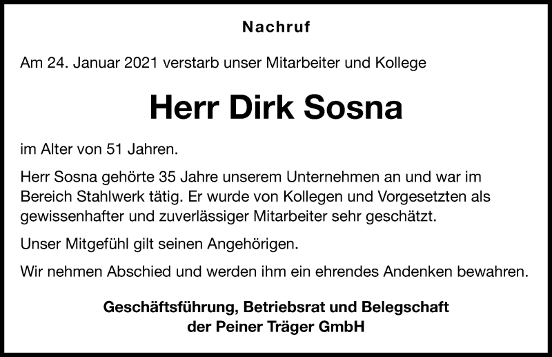  Traueranzeige für Dirk Sosna vom 02.02.2021 aus Peiner Allgemeine Zeitung