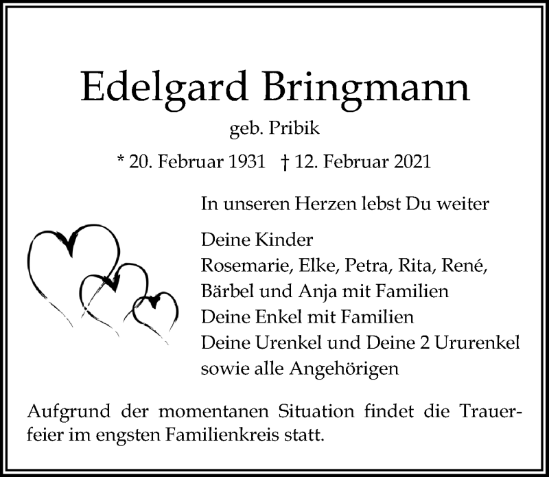  Traueranzeige für Edelgard Bringmann vom 21.02.2021 aus Lübecker Nachrichten