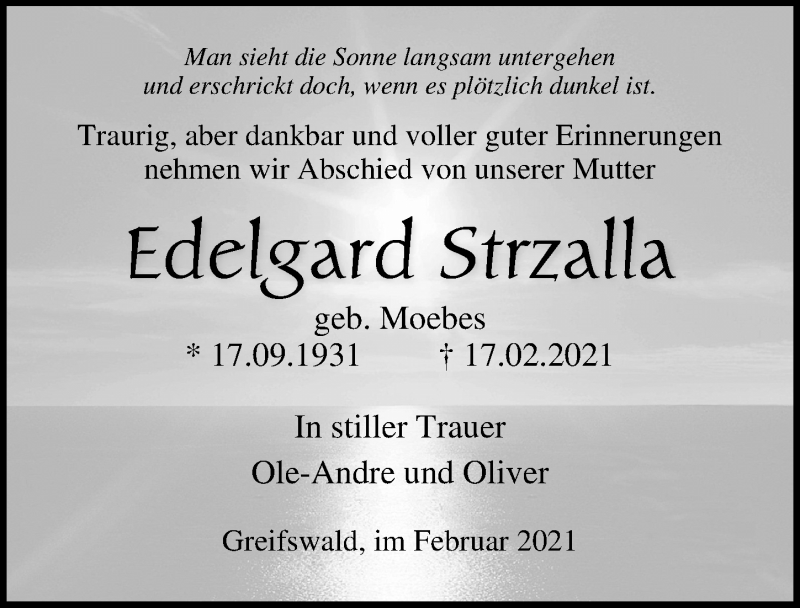  Traueranzeige für Edelgard Strzalla vom 27.02.2021 aus Ostsee-Zeitung GmbH