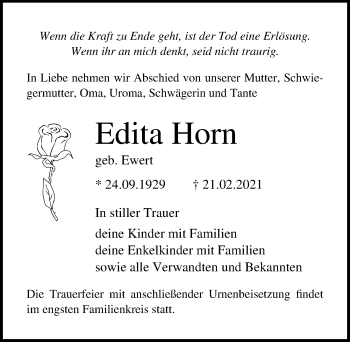 Traueranzeige von Edita Horn von Ostsee-Zeitung GmbH