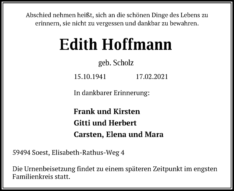  Traueranzeige für Edith Hoffmann vom 20.02.2021 aus Leipziger Volkszeitung
