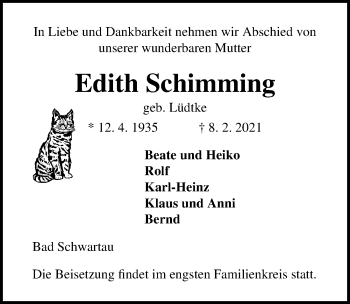 Traueranzeige von Edith Schimming von Lübecker Nachrichten