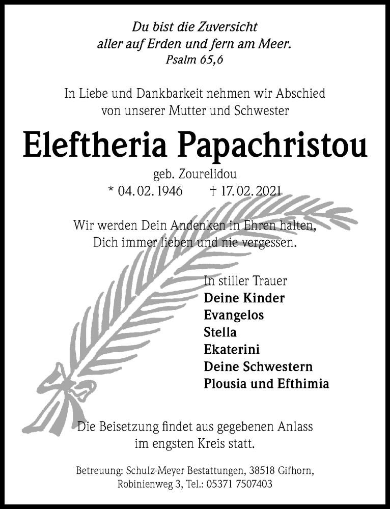  Traueranzeige für Eleftheria Papachristou vom 20.02.2021 aus Aller Zeitung
