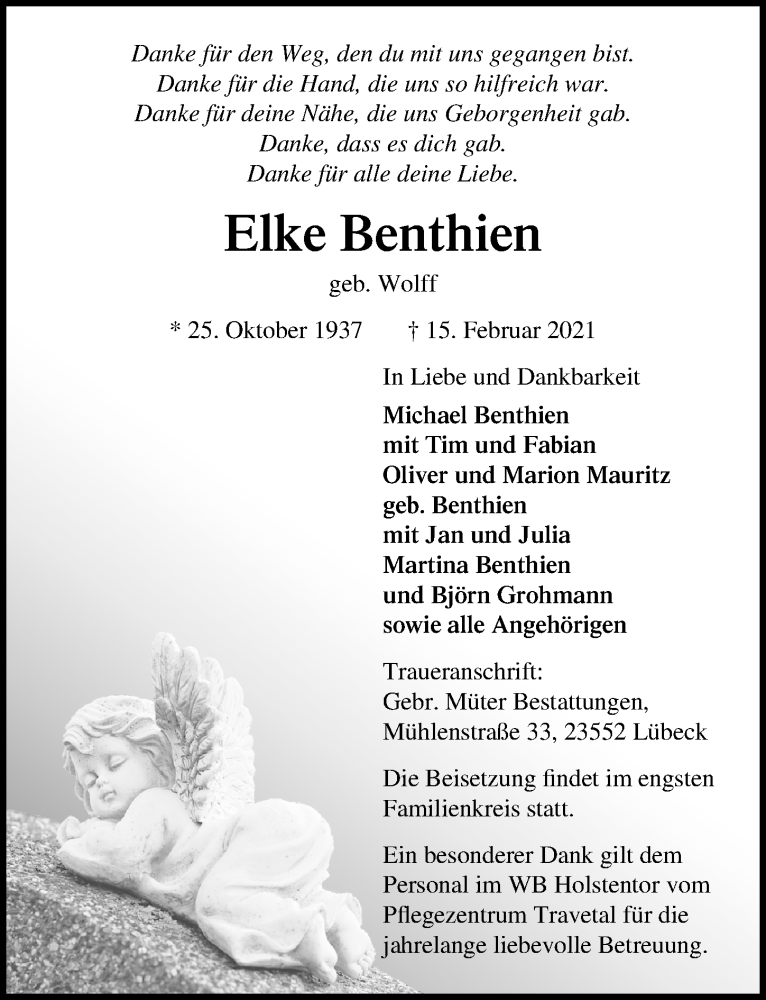  Traueranzeige für Elke Benthien vom 21.02.2021 aus Lübecker Nachrichten