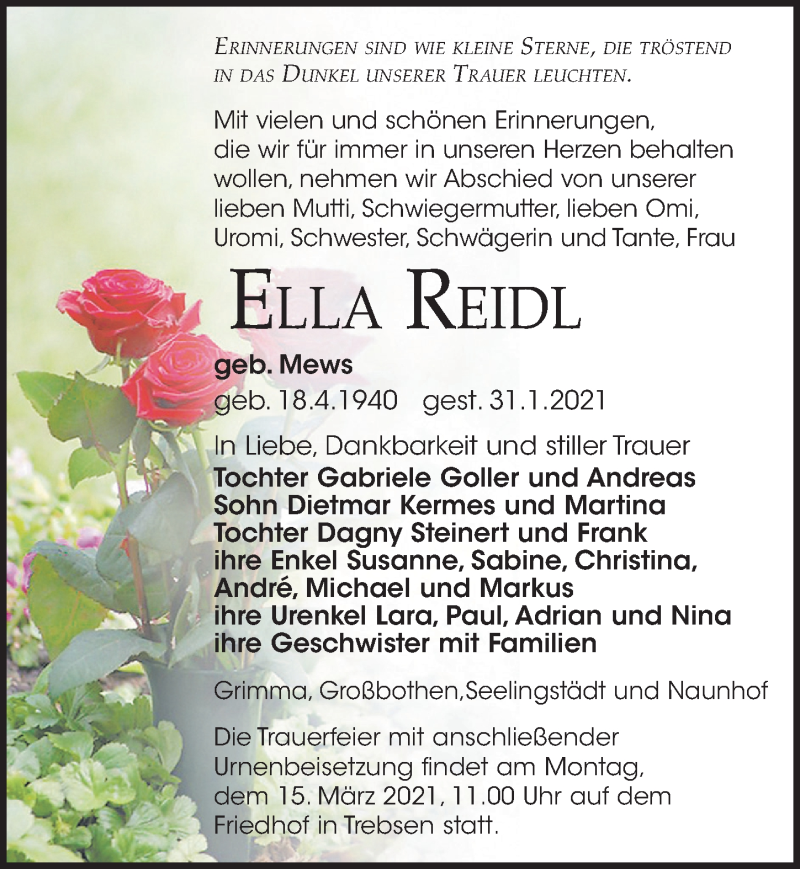  Traueranzeige für Ella Reidl vom 06.02.2021 aus Leipziger Volkszeitung