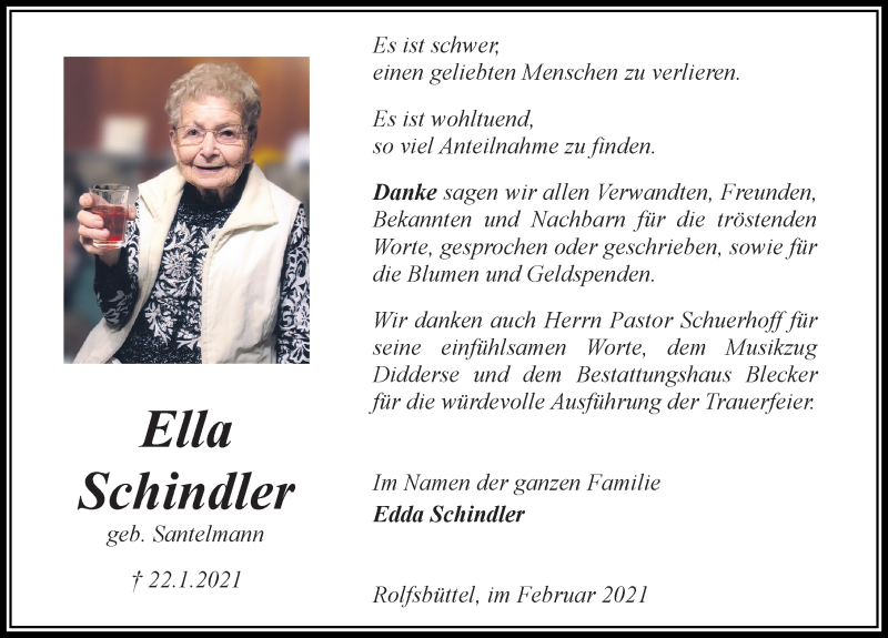  Traueranzeige für Ella Schindler vom 13.02.2021 aus Aller Zeitung