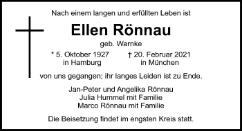 Traueranzeige von Ellen Rönnau von Lübecker Nachrichten