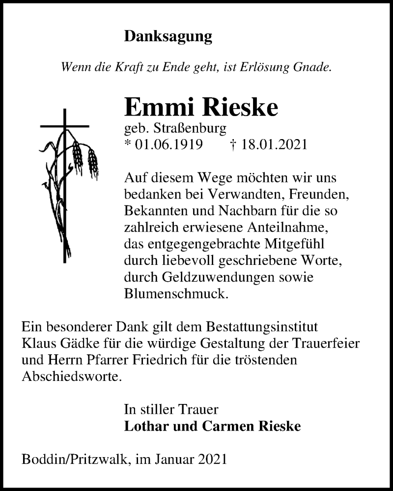  Traueranzeige für Emmi Rieske vom 27.02.2021 aus Märkischen Allgemeine Zeitung