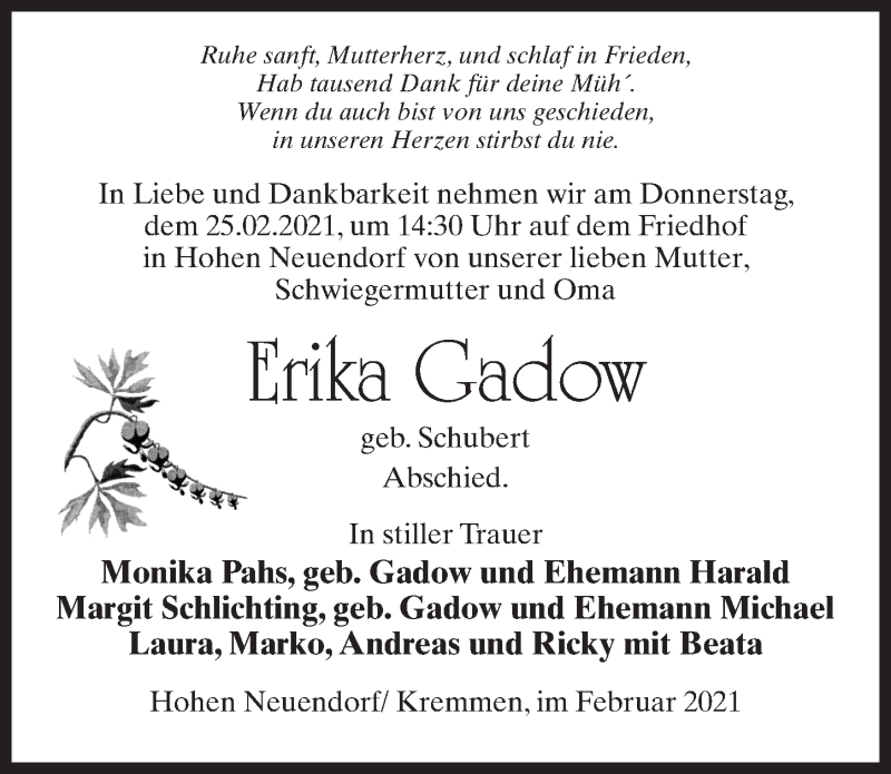  Traueranzeige für Erika Gadow vom 20.02.2021 aus Märkischen Allgemeine Zeitung