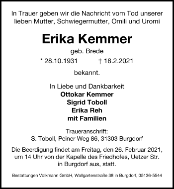Traueranzeige von Erika Kemmer von Hannoversche Allgemeine Zeitung/Neue Presse