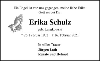 Traueranzeige von Erika Schulz von Lübecker Nachrichten