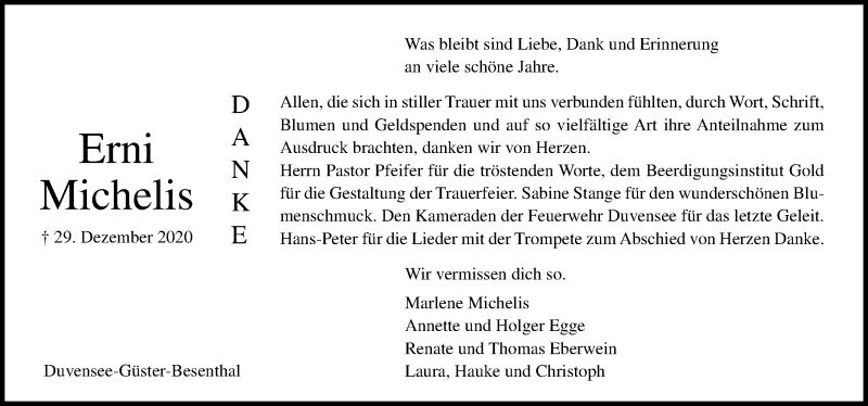  Traueranzeige für Erni Michelis vom 04.02.2021 aus Lübecker Nachrichten