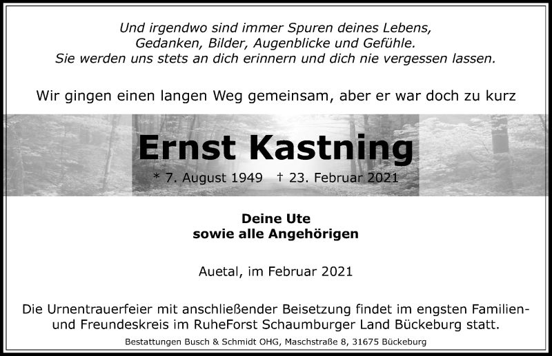  Traueranzeige für Ernst Kastning vom 27.02.2021 aus Schaumburger Nachrichten