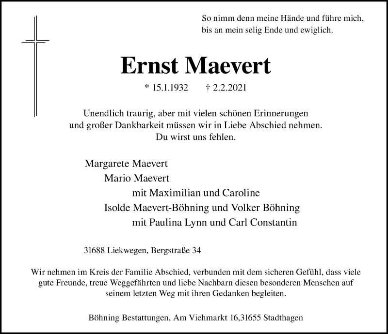  Traueranzeige für Ernst Maevert vom 04.02.2021 aus Schaumburger Nachrichten