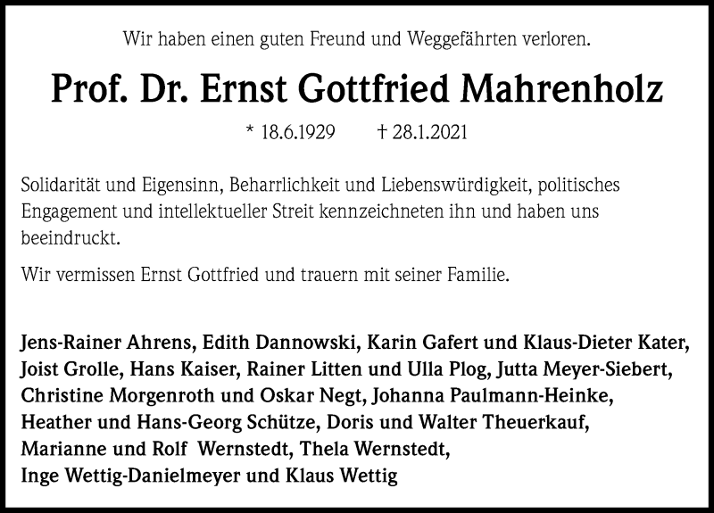  Traueranzeige für Ernst Gottfried Mahrenholz vom 06.02.2021 aus Hannoversche Allgemeine Zeitung/Neue Presse