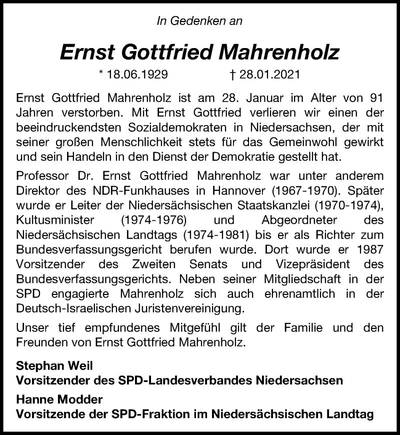  Traueranzeige für Ernst Gottfried Mahrenholz vom 06.02.2021 aus Hannoversche Allgemeine Zeitung/Neue Presse