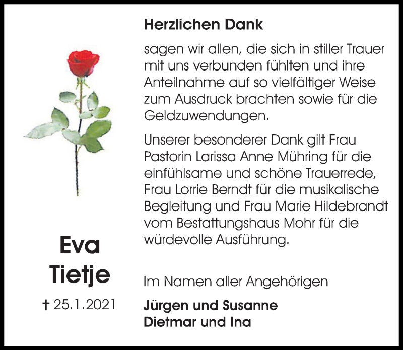 Traueranzeige für Eva Tietje vom 27.02.2021 aus Aller Zeitung