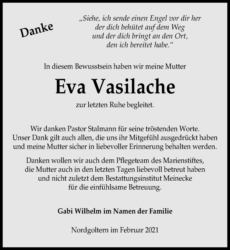  Traueranzeige für Eva Vasilache vom 20.02.2021 aus Hannoversche Allgemeine Zeitung/Neue Presse