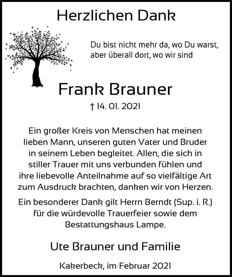  Traueranzeige für Frank Brauner vom 20.02.2021 aus Aller Zeitung