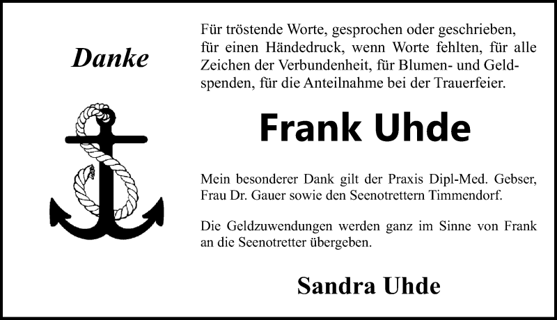  Traueranzeige für Frank Uhde vom 20.02.2021 aus Ostsee-Zeitung GmbH