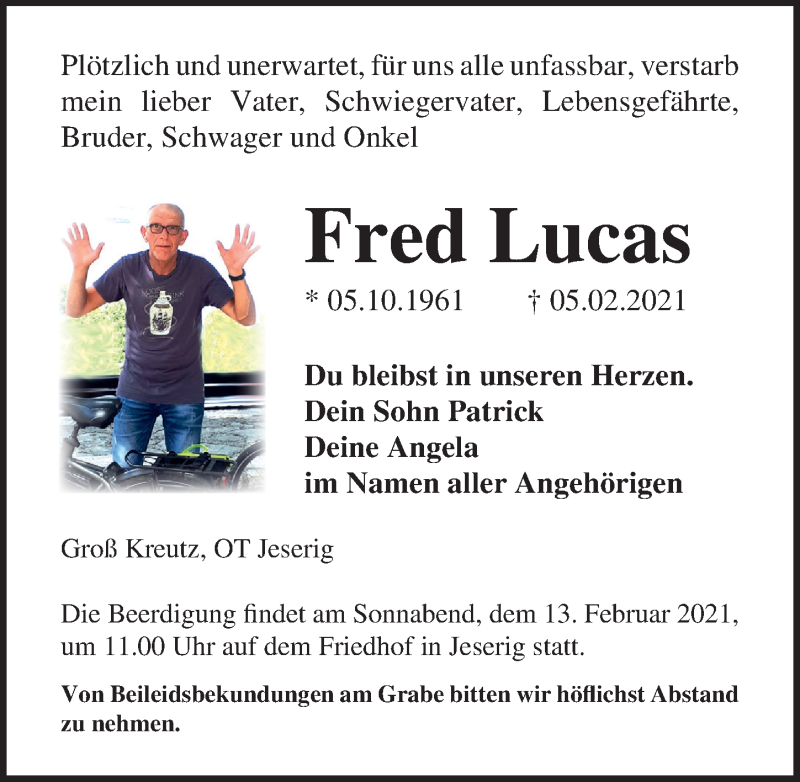  Traueranzeige für Fred Lucas vom 10.02.2021 aus Märkischen Allgemeine Zeitung