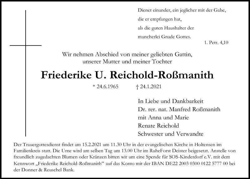  Traueranzeige für Friederike U. Reichold-Roßmanith vom 06.02.2021 aus Hannoversche Allgemeine Zeitung/Neue Presse