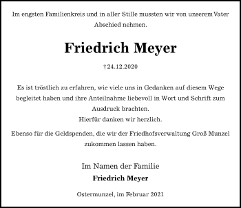 Traueranzeige von Friedrich Meyer von Hannoversche Allgemeine Zeitung/Neue Presse
