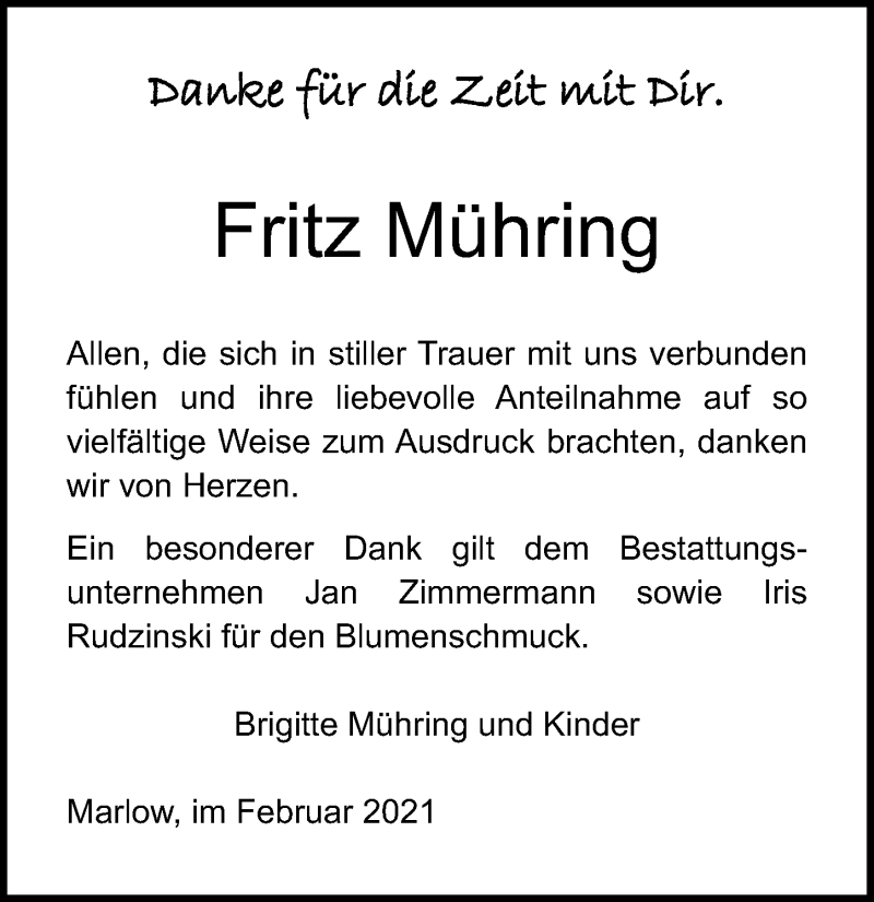  Traueranzeige für Fritz Mühring vom 27.02.2021 aus Ostsee-Zeitung GmbH