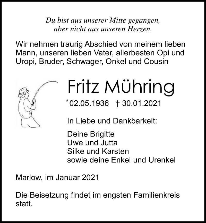  Traueranzeige für Fritz Mühring vom 06.02.2021 aus Ostsee-Zeitung GmbH
