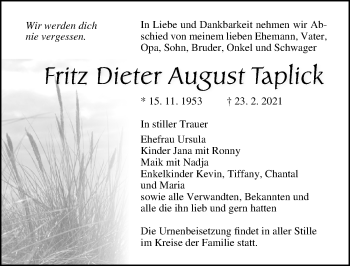 Traueranzeige von Fritz Dieter August Taplick von Ostsee-Zeitung GmbH