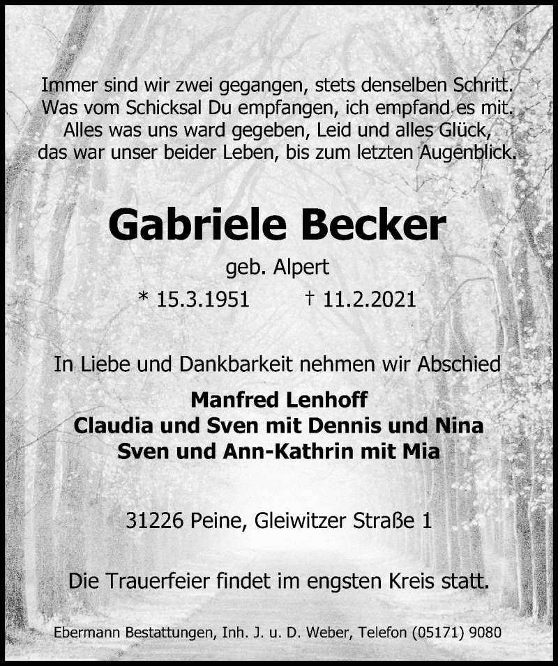  Traueranzeige für Gabriele Becker vom 16.02.2021 aus Peiner Allgemeine Zeitung