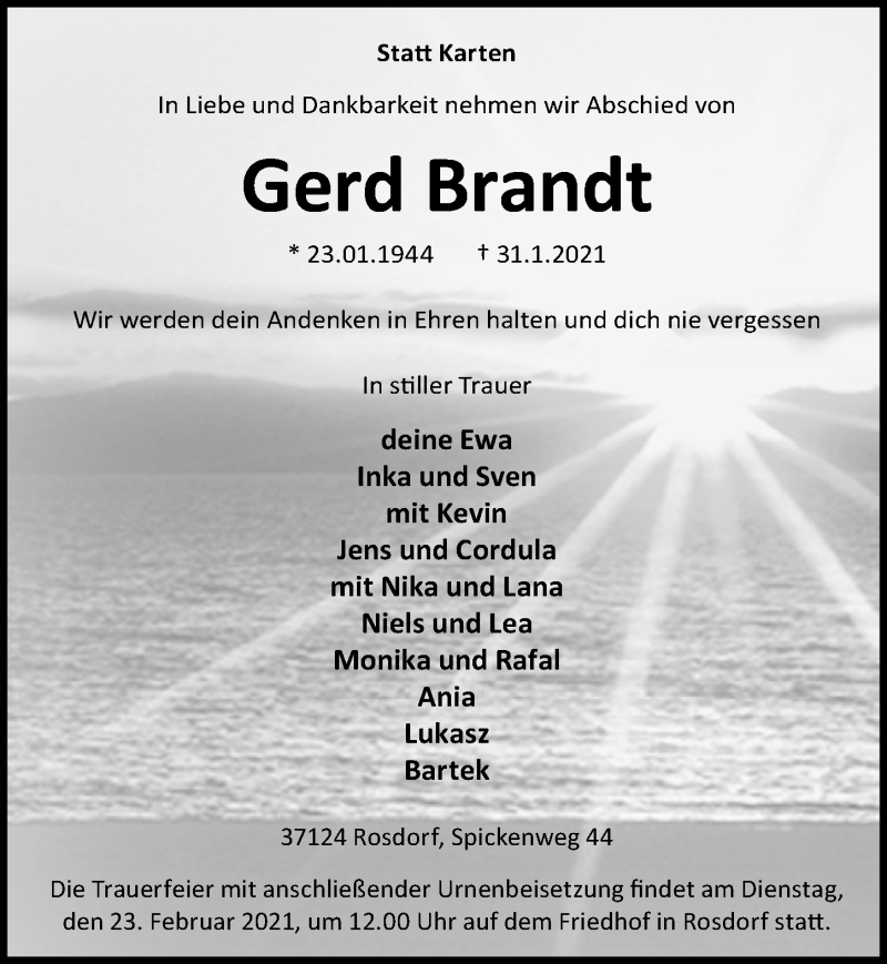  Traueranzeige für Gerd Brandt vom 20.02.2021 aus Göttinger Tageblatt