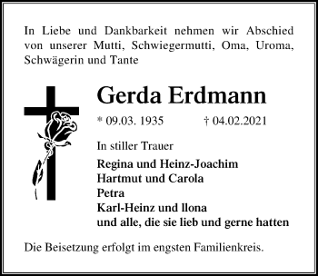 Traueranzeige von Gerda Erdmann von Ostsee-Zeitung GmbH