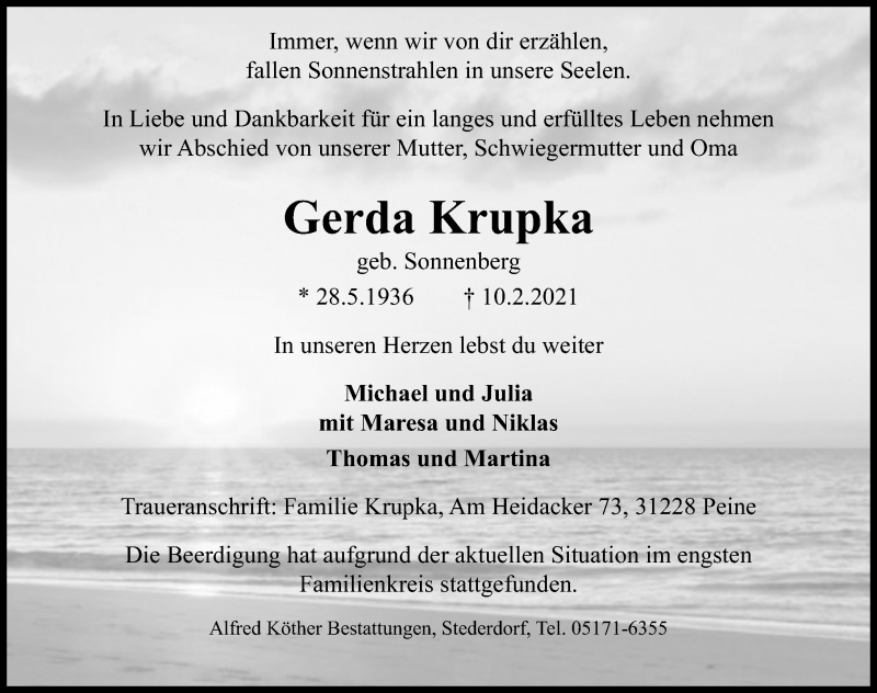  Traueranzeige für Gerda Krupka vom 20.02.2021 aus Peiner Allgemeine Zeitung