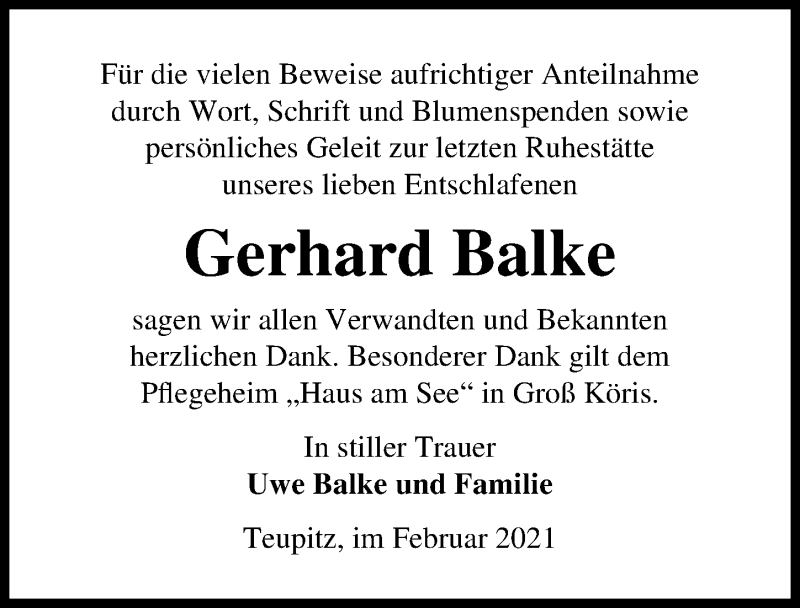  Traueranzeige für Gerhard Balke vom 20.02.2021 aus Märkischen Allgemeine Zeitung