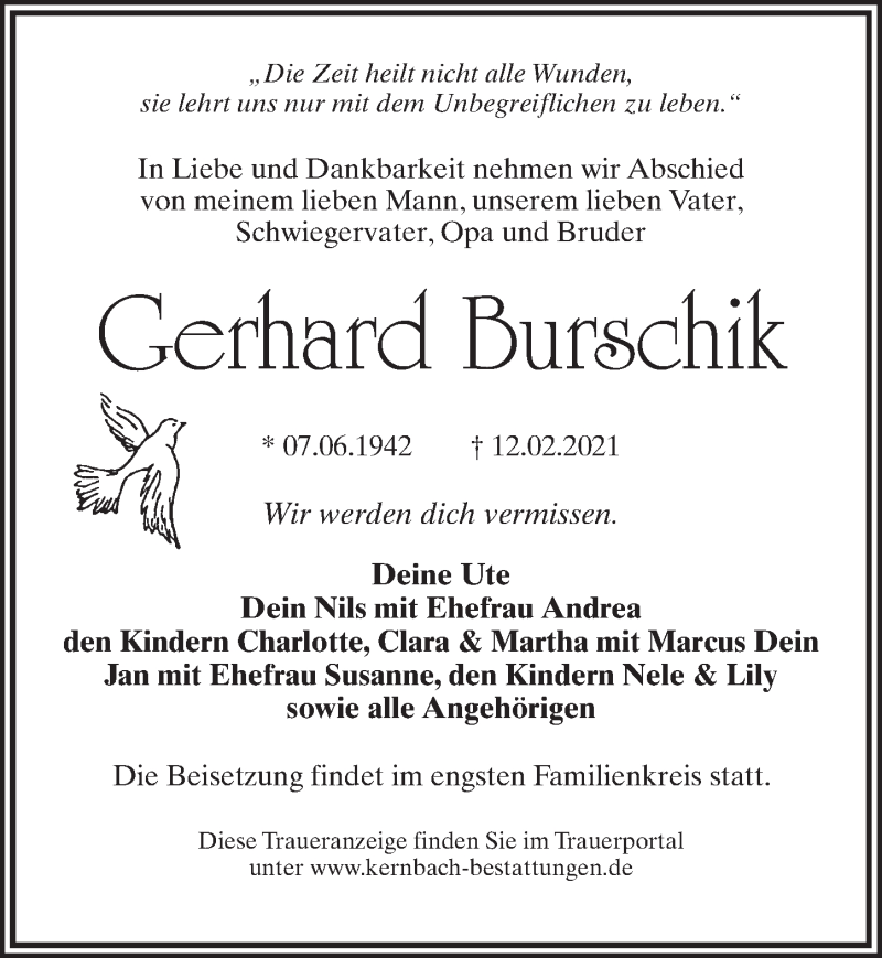  Traueranzeige für Gerhard Burschik vom 20.02.2021 aus Märkischen Allgemeine Zeitung