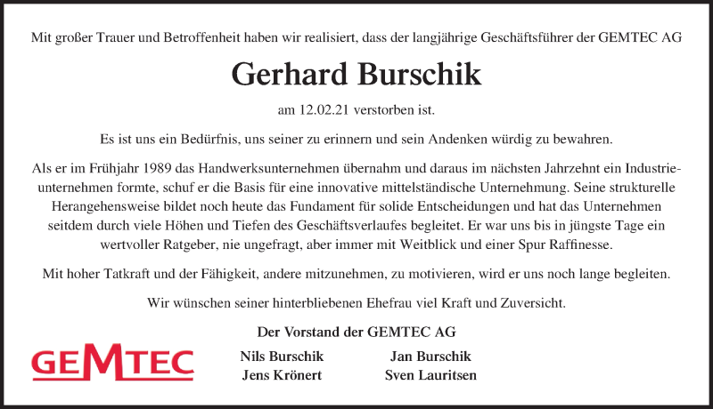  Traueranzeige für Gerhard Burschik vom 27.02.2021 aus Märkischen Allgemeine Zeitung