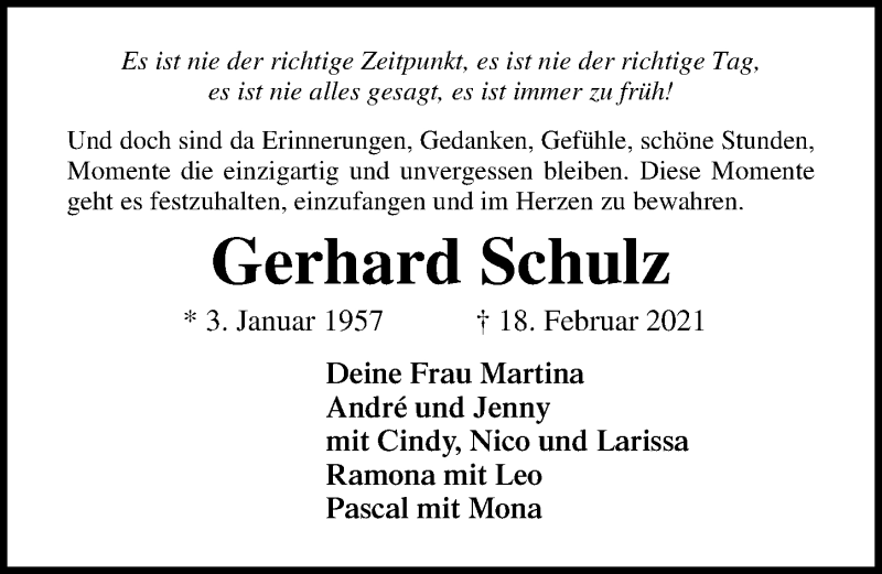  Traueranzeige für Gerhard Schulz vom 21.02.2021 aus Lübecker Nachrichten