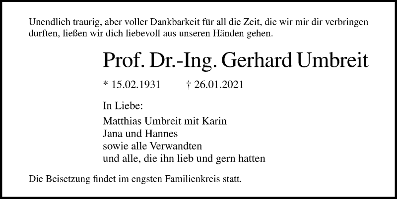  Traueranzeige für Gerhard Umbreit vom 04.02.2021 aus Ostsee-Zeitung GmbH