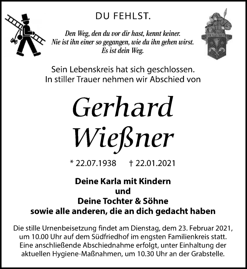  Traueranzeige für Gerhard Wießner vom 13.02.2021 aus Leipziger Volkszeitung