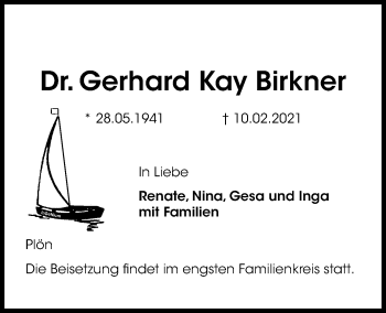 Traueranzeige von Gerhard Kay Birkner von Kieler Nachrichten