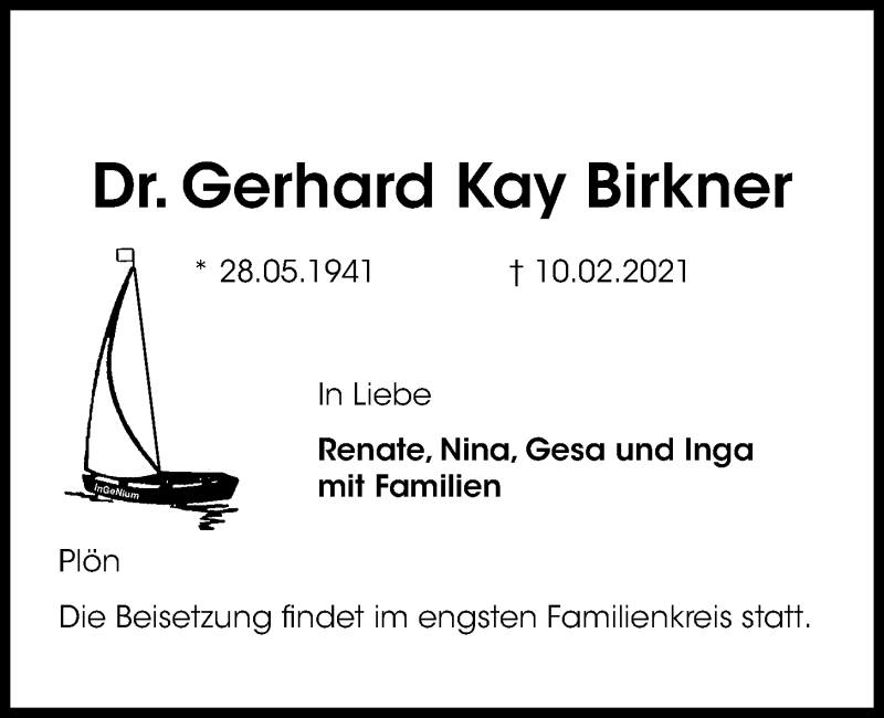  Traueranzeige für Gerhard Kay Birkner vom 20.02.2021 aus Kieler Nachrichten