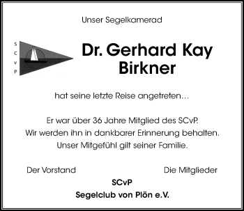 Traueranzeige von Gerhard Kay Birkner von Kieler Nachrichten