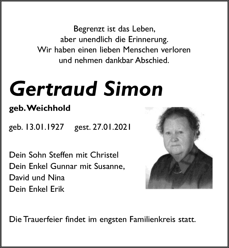  Traueranzeige für Gertraud Simon vom 06.02.2021 aus Leipziger Volkszeitung