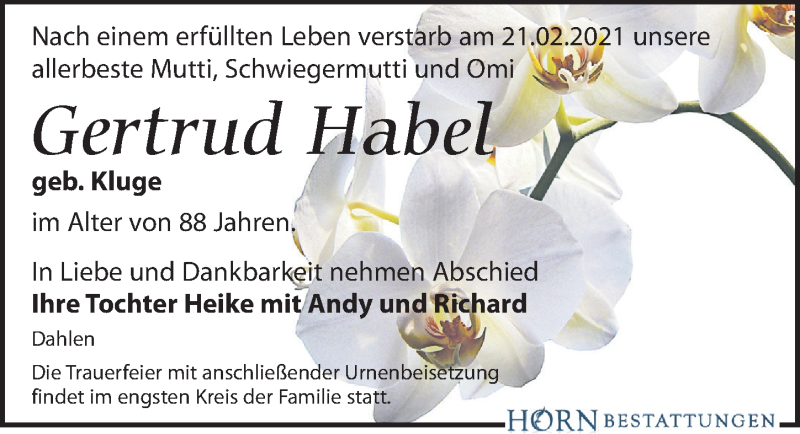  Traueranzeige für Gertrud Habel vom 27.02.2021 aus Leipziger Volkszeitung