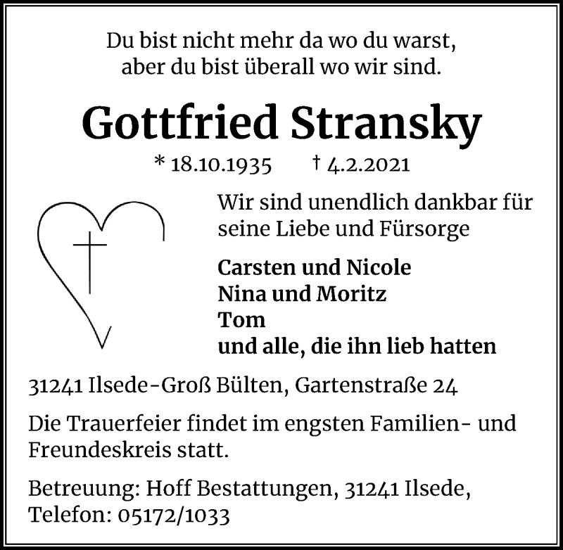  Traueranzeige für Gottfried Stransky vom 09.02.2021 aus Peiner Allgemeine Zeitung