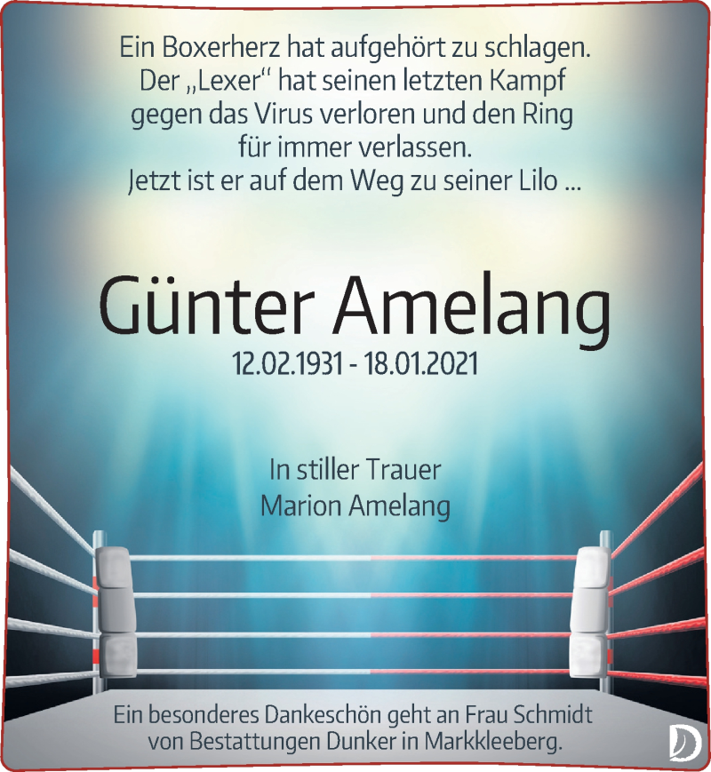  Traueranzeige für Günter Amelang vom 06.02.2021 aus Leipziger Volkszeitung