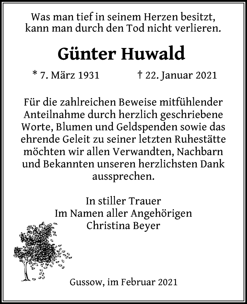  Traueranzeige für Günter Huwald vom 20.02.2021 aus Märkischen Allgemeine Zeitung