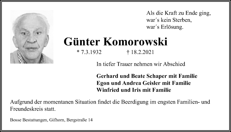  Traueranzeige für Günter Komorowski vom 20.02.2021 aus Aller Zeitung